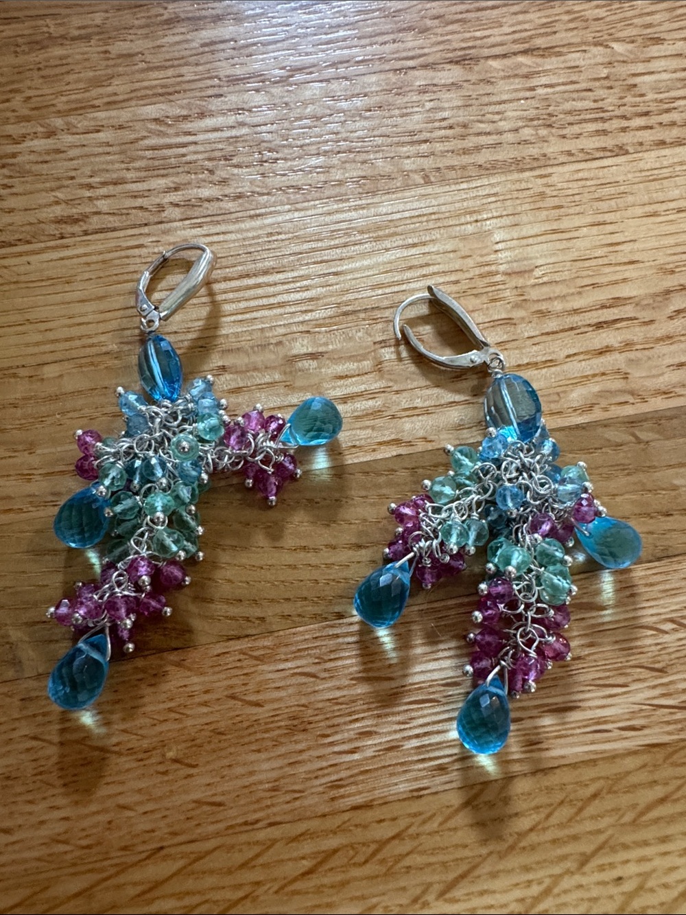 Handcrafted Blue, Aqua & Pink Cluster Dangle Earrings